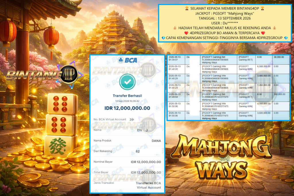 BINTANG4DP JACKPOT PGSOFT “Mahjong Ways” Rp12.000.000,- LUNAS
