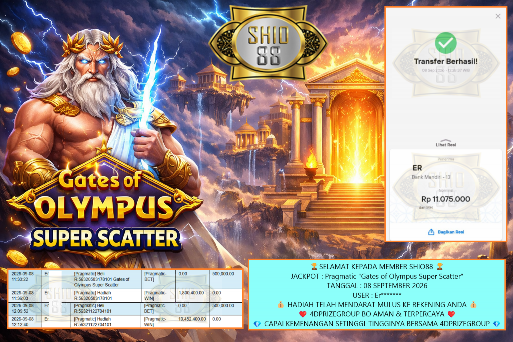 SHIO88 JACKPOT PRAGMATIC SLOT “Gates of Olympus Super Scatter” Rp 11.075.000,- LUNAS