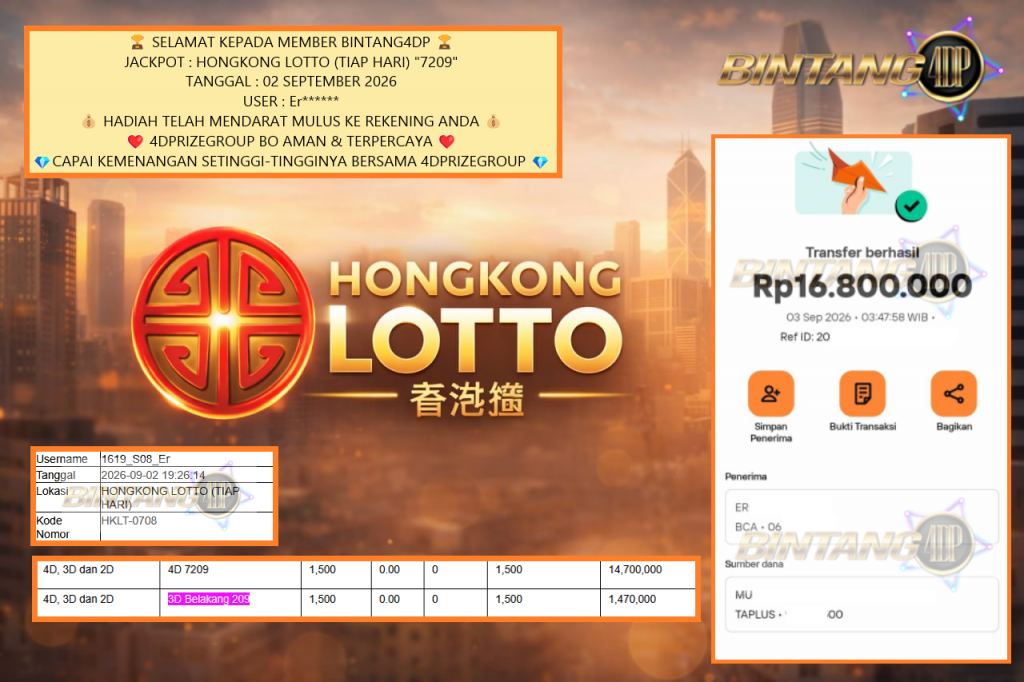 BINTANG4DP JACKPOT HONGKONG LOTTO (TIAP HARI) “7209” Rp 15.000.000,- LUNAS