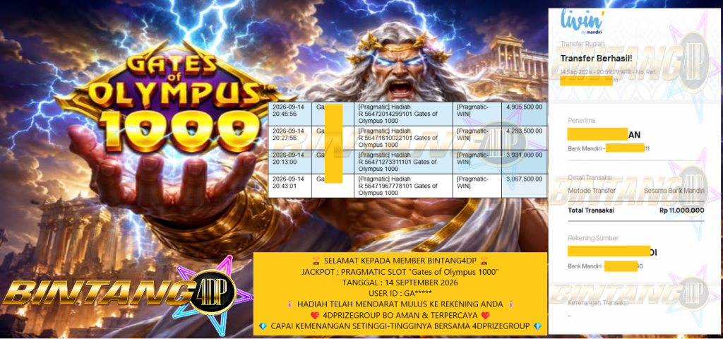 BINTANG4DP JACKPOT PRAGMATIC SLOT “Gates of Olympus 1000” Rp 10.000.000,- LUNAS