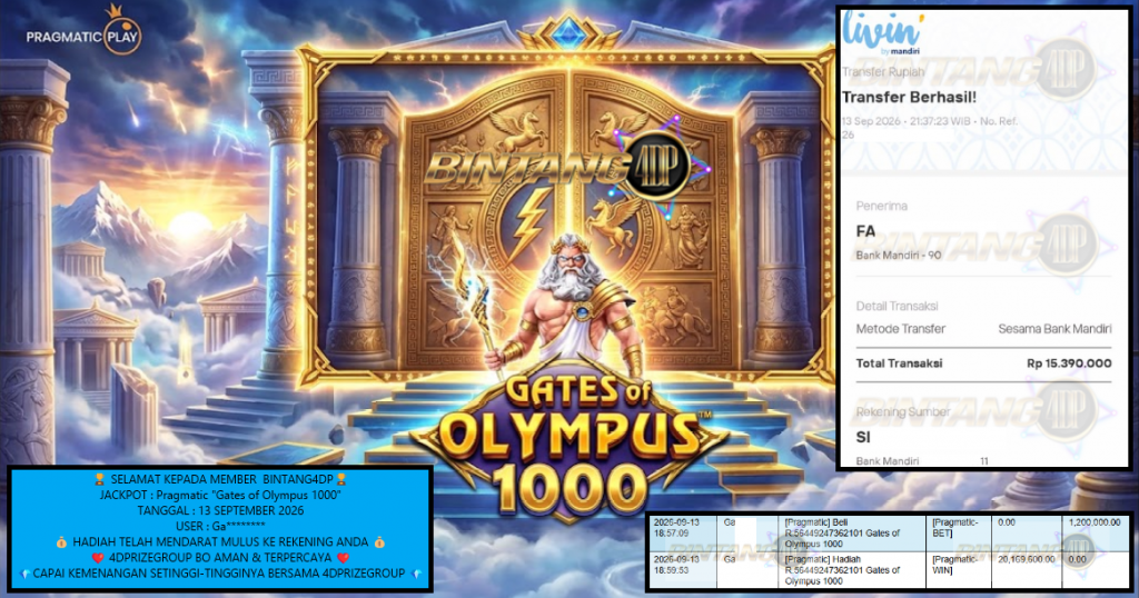 BINTANG4DP JACKPOT Pragmatic “Gates of Olympus 1000″ Rp15.390.000,- LUNAS