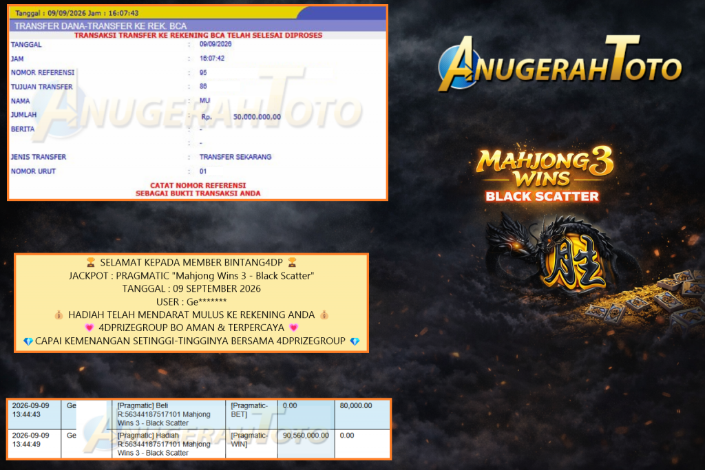 ANUGERAHTOTO JACKPOT PRAGMATIC “Mahjong Wins 3 – Black Scatter” Rp 50.000.000,- LUNAS