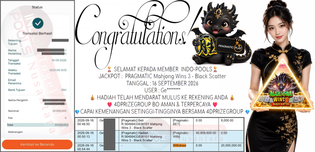 INDO-POOLS JACKPOT PRAGMATIC ” Mahjong Wins 3 – Black Scatter ” Rp 20,000,000,- LUNAS