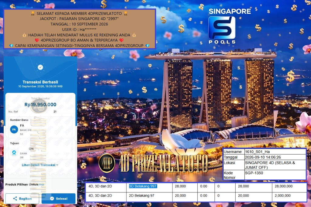 4DPRIZEWLATOTO JACKPOT PASARAN SINGAPORE 4D “2997” Rp 19.950.000,- LUNAS