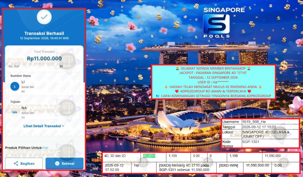 BINTANG4DP JACKPOT PASARAN SINGAPORE 4D “2710” Rp11.000.000,- LUNAS