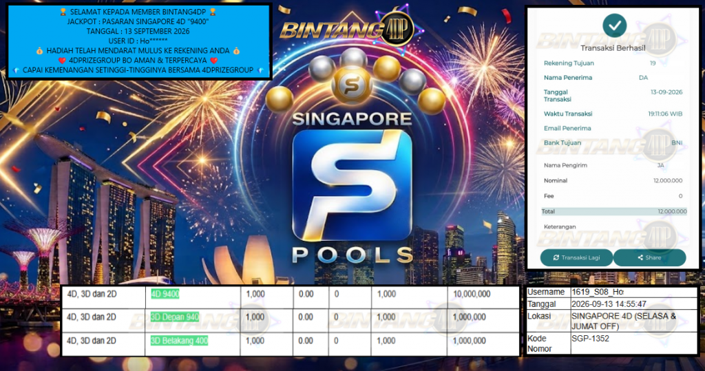 BINTANG4DP JACKPOT PASARAN SINGAPORE 4D “9400” Rp12.000.000,- LUNAS