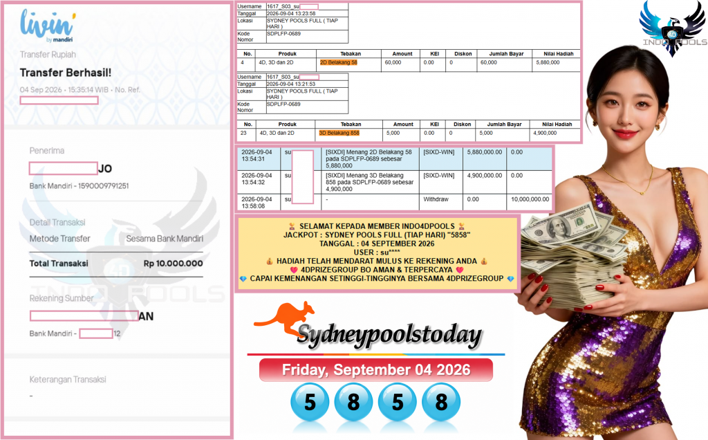 INDO4DPOOLS JACKPOT SYDNEY POOLS FULL (TIAP HARI) β5858βββββ Rp10.000.000,- LUNAS