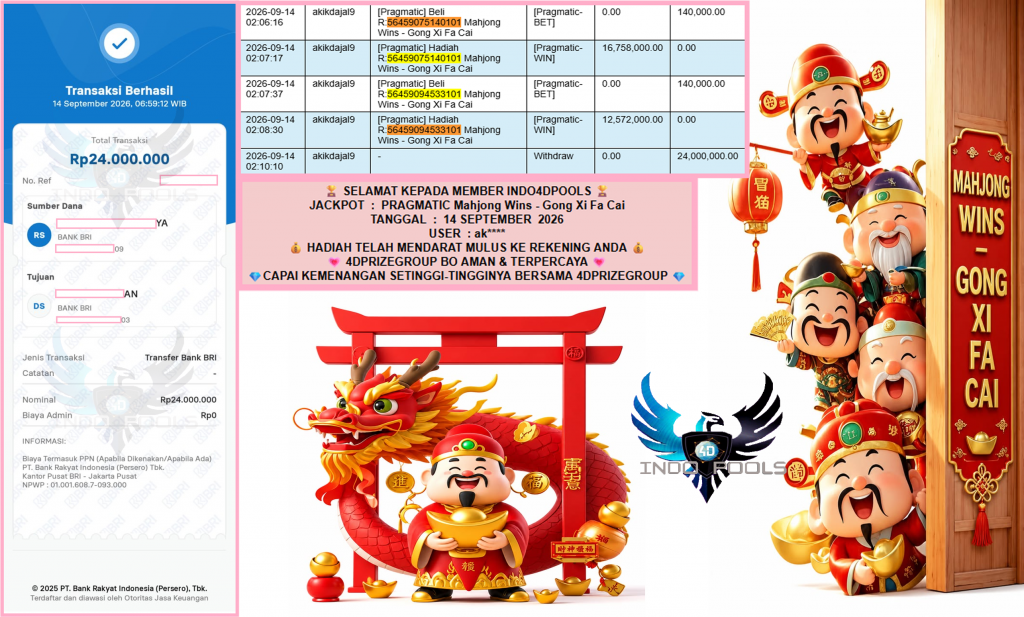 INDO4DPOOLS JACKPOT PRAGMATIC โMahjong Wins โ Gong Xi Fa Caiโโโโโโ Rp24.000.000,- LUNAS