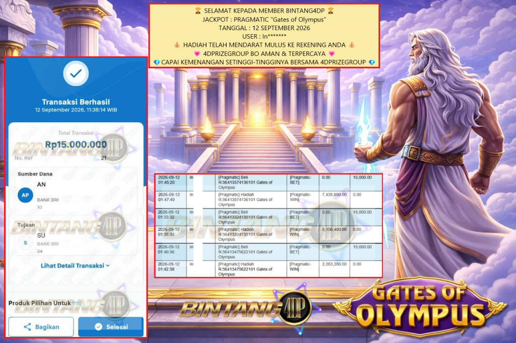 BINTANG4DP JACKPOT : PRAGMATIC “Gates of Olympus” Rp15.000.000,- LUNAS