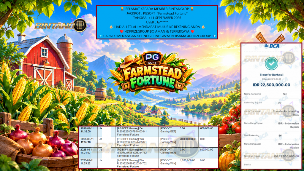 BINTANG4DP JACKPOT : PGSOFT “Farmstead Fortune” Rp22.500.000,- LUNAS