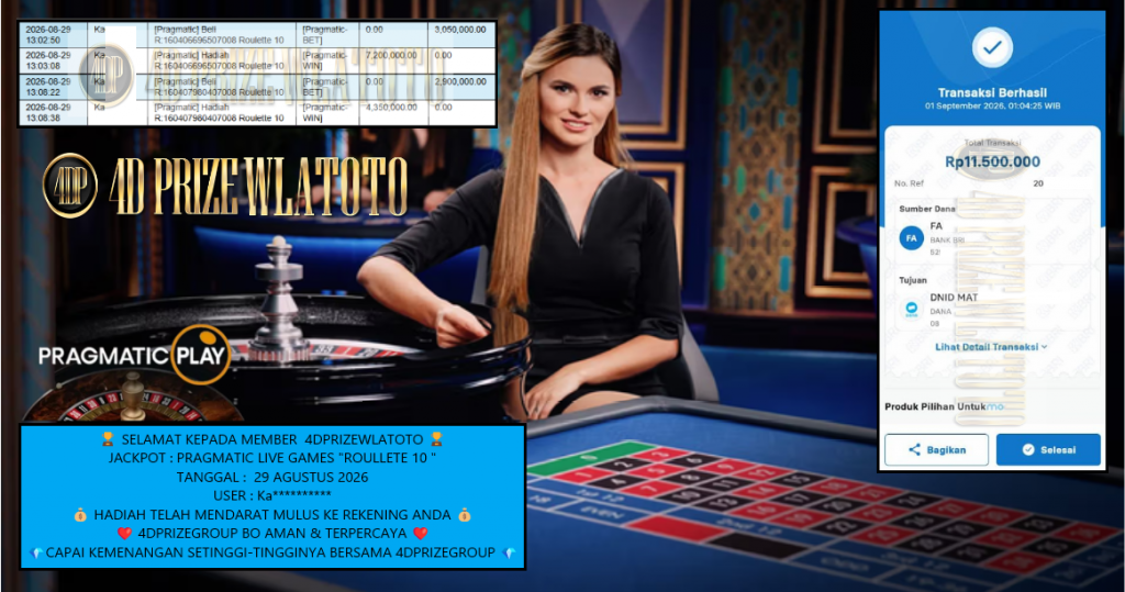 4DPRIZEWLATOTO JACKPOT : PRAGMATIC LIVE GAMES “ROULLETE 10 ” Rp11.500.000,- LUNAS