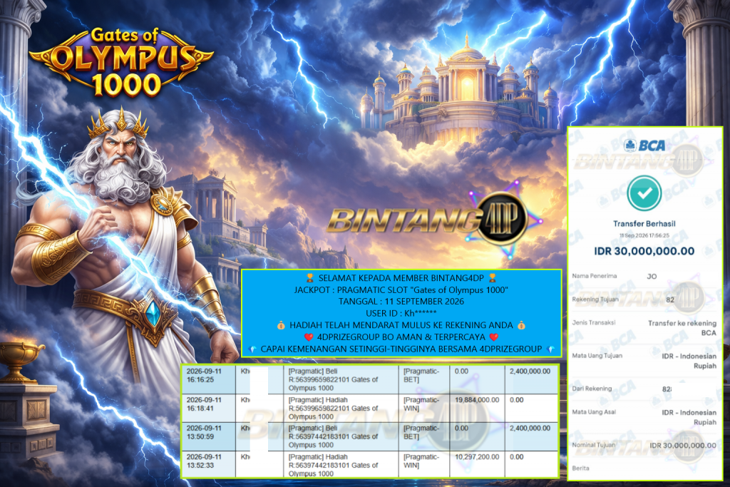 BINTANG4DP JACKPOT : PRAGMATIC SLOT “Gates of Olympus 1000” Rp30.000.000,- LUNAS