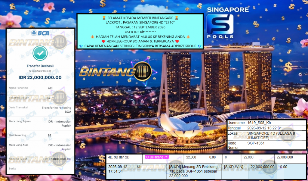BINTANG4DP JACKPOT PASARAN SINGAPORE 4D “2710” Rp22.000.000,- LUNAS