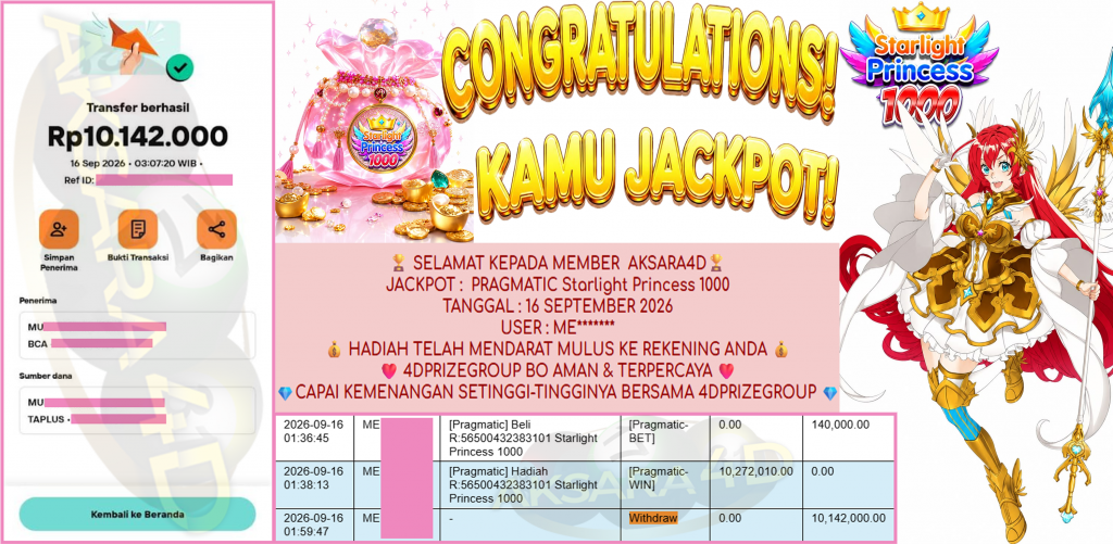AKSARA4D JACKPOT PRAGMATIC ” Starlight Princess 1000 ” Rp 10,142,000,- LUNAS