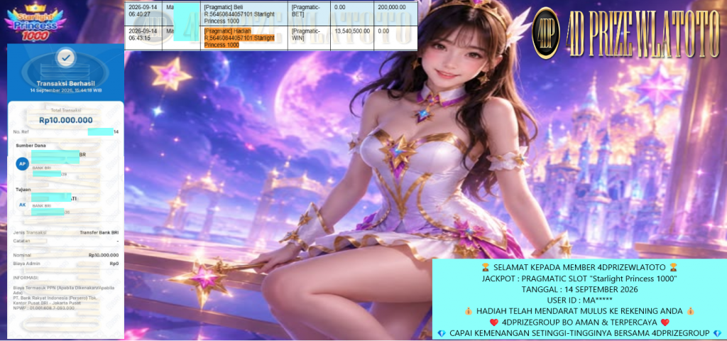4DPRIZEWLATOTO JACKPOT PRAGMATIC SLOT “Starlight Princess 1000” Rp 10.000.000,- LUNAS
