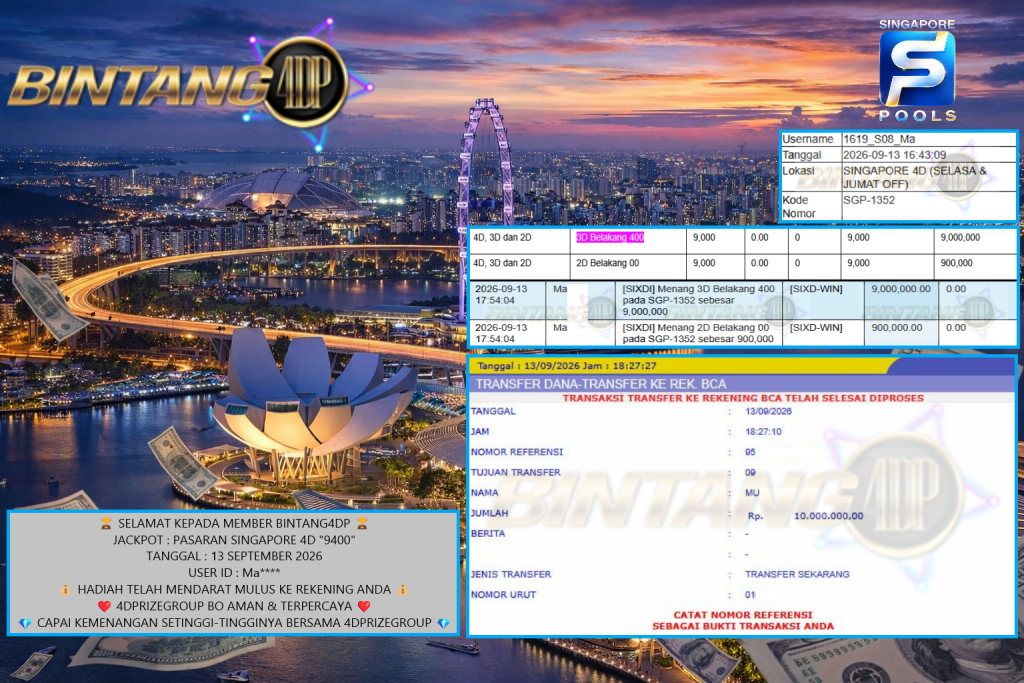 BINTANG4DP JACKPOT PASARAN SINGAPORE 4D “9400” Rp10.000.000,- LUNAS