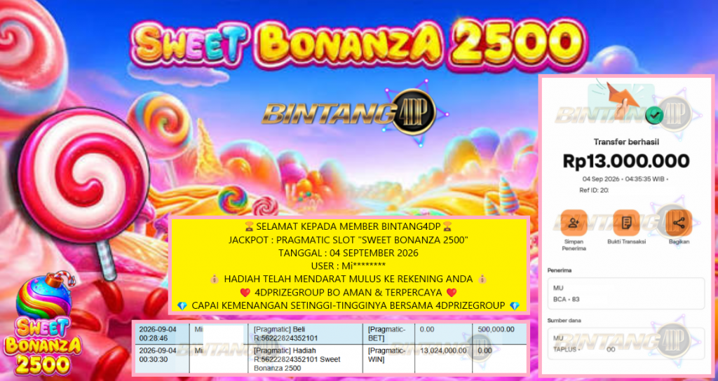 BINTANG4DP JACKPOT PRAGMATIC SLOT โSWEET BONANZA 2500โณโโโโโ Rp13.000.000,- LUNAS