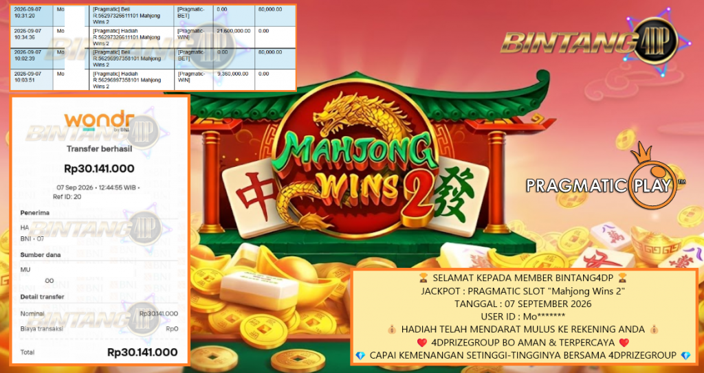 BINTANG4DP JACKPOT PRAGMATIC SLOT “Mahjong Wins 2″ Rp30.141.000,- LUNAS