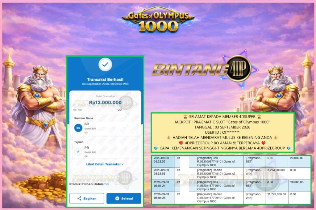 BINTANG4DP JACKPOT PRAGMATIC SLOT βGates of Olympus 1000β ββββββββRp13.000.000,- LUNAS