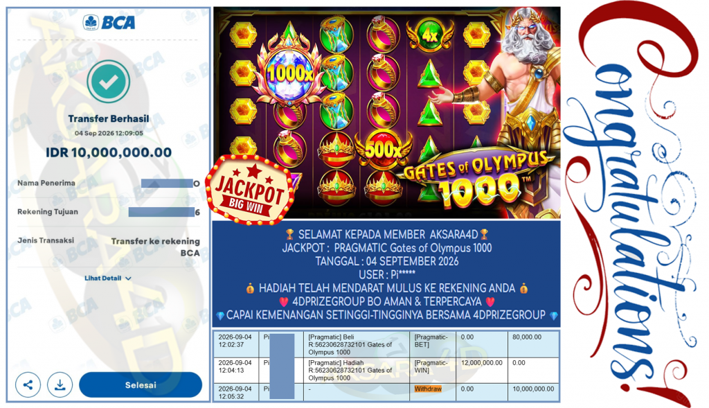 AKSARA4D JACKPOT PRAGMATIC β Gates of Olympus 1000 β Rp 10,000,000,- LUNAS