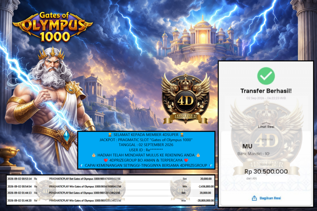 4DSUPER JACKPOT : PRAGMATIC SLOT “Gates of Olympus 1000” Rp30.500.000,- LUNAS