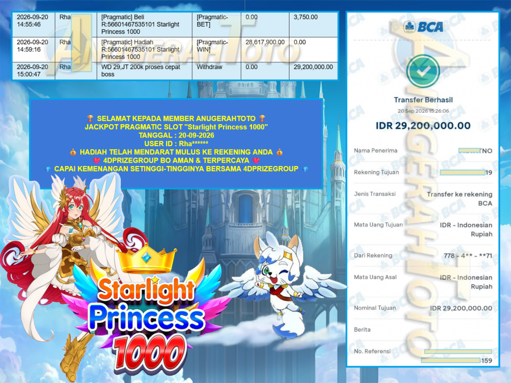 ANUGERAHTOTO JACKPOT PRAGMATIC SLOT “Starlight Princess 1000” Rp 29.200.000,- LUNAS