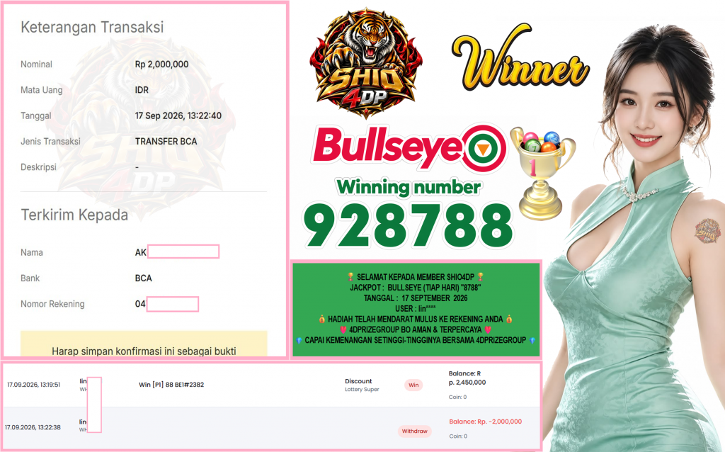SHIO4DP JACKPOT BULLSEYE (TIAP HARI) “8788” Rp2.000.000,- LUNAS