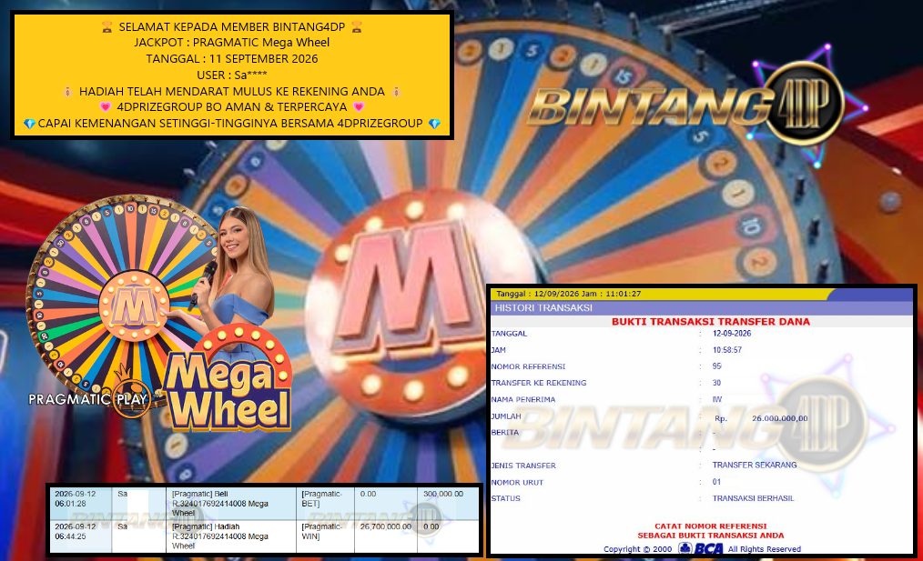 BINTANG4DP JACKPOT PRAGMATIC “Mega Wheel”‎‏‏‎‎ Rp26.000.000,- LUNAS