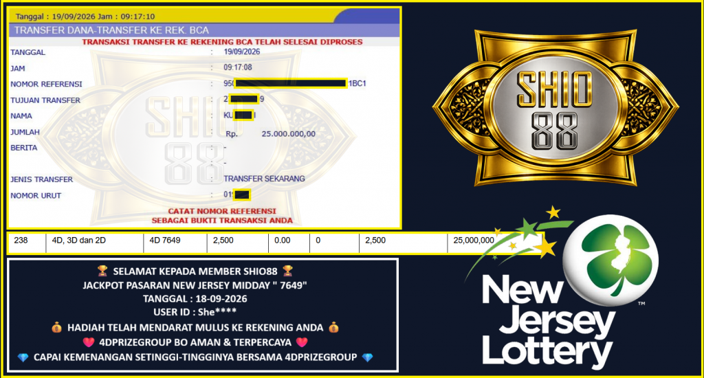 SHIO88 JACKPOT PASARAN NEW JERSEY MIDDAY ” 7649″ Rp 25.000.000,- LUNAS