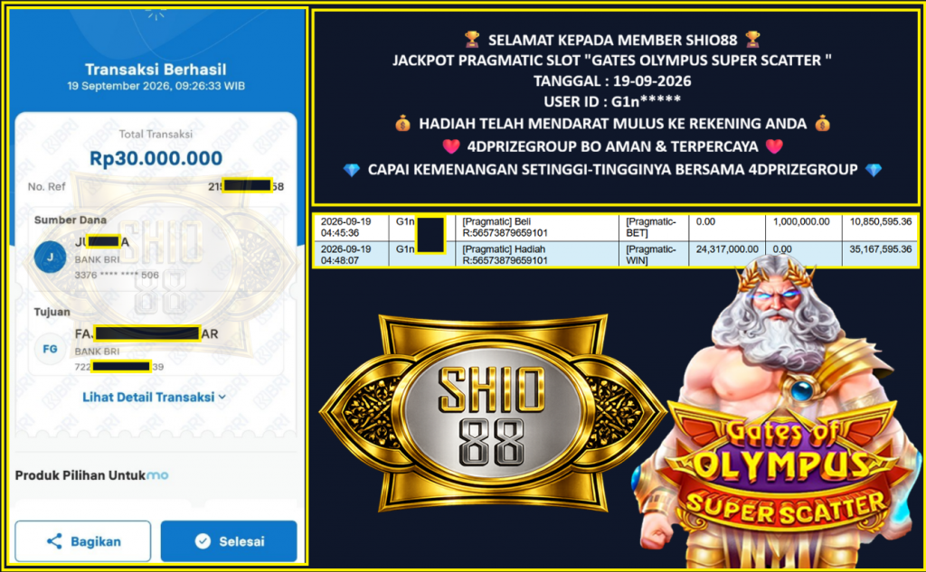 SHIO88 JACKPOT JACKPOT PRAGMATIC SLOT “GATES OLYMPUS SUPER SCATTER” Rp 30.000.000,- LUNAS