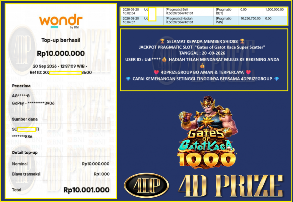 4DPRIZE PRAGMATIC SLOT “Gates of Gatot Kaca Super Scatter” Rp 10.001.000,- LUNAS
