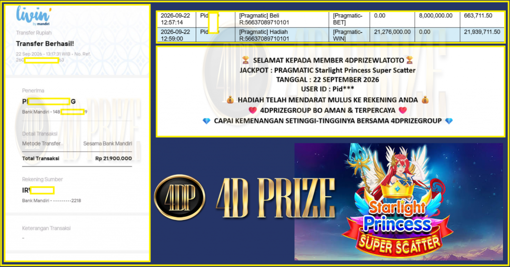 4DPRIZEWLATOTO JACKPOT PRAGMATIC “Starlight Princess Super Scatter” Rp21.900.000,- LUNAS