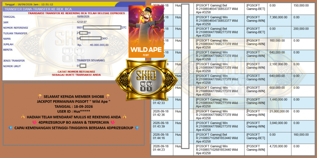 SHIO88 JACKPOT PGSOFT Gaming ” Wild Ape ” Rp18.500.000,- LUNAS