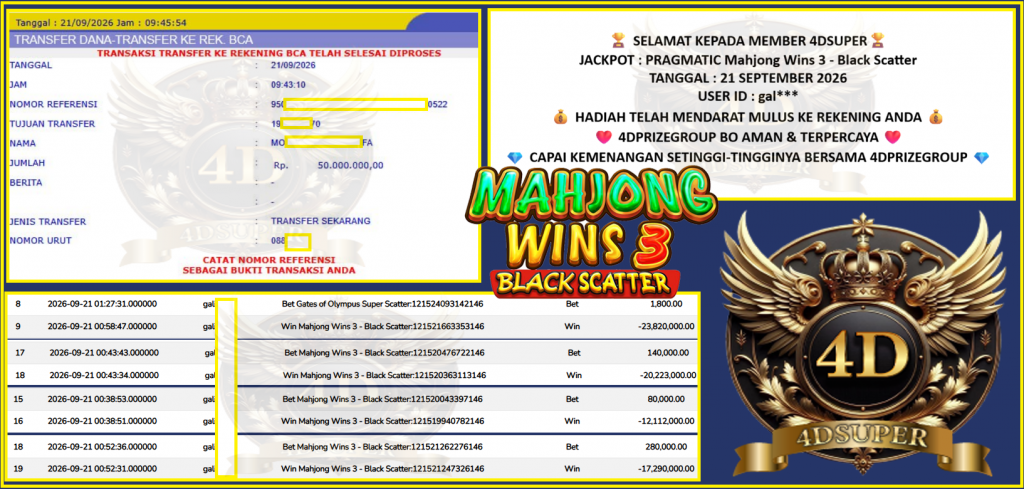 4DSUPER JACKPOT PRAGMATIC SLOT ”Mahjong Wins 3 – Black Scatter” Rp50.000.000,- LUNAS