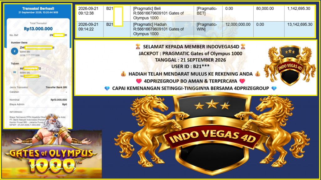 INDOVEGAS4D JACKPOT PRAGMATIC SLOT ”Gates of Olympus 1000” Rp13.000.000,- LUNAS