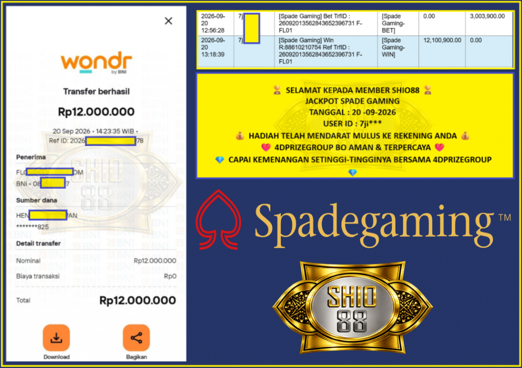 SHIO88 JACKPOT SPADE GAMING Rp 12.000.000,- LUNAS