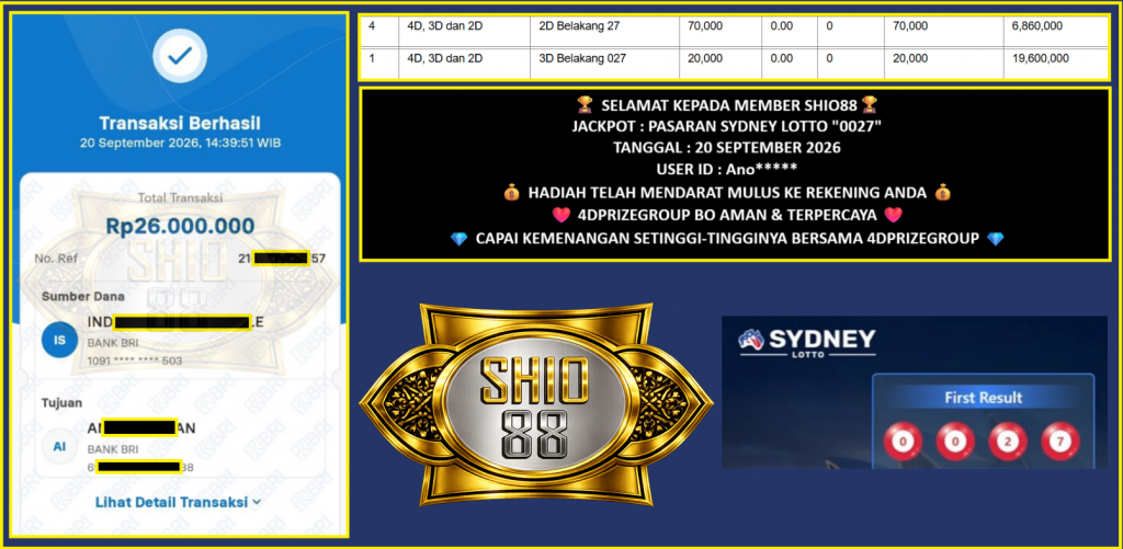 SHIO88 JACKPOT SYDNEY LOTTO “0027” Rp 26.000.000,- LUNAS