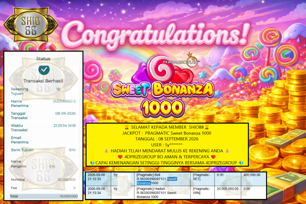 SHIO88 JACKPOT PRAGMATIC Sweet Bonanza 1000 Rp 10.000.000,- LUNAS