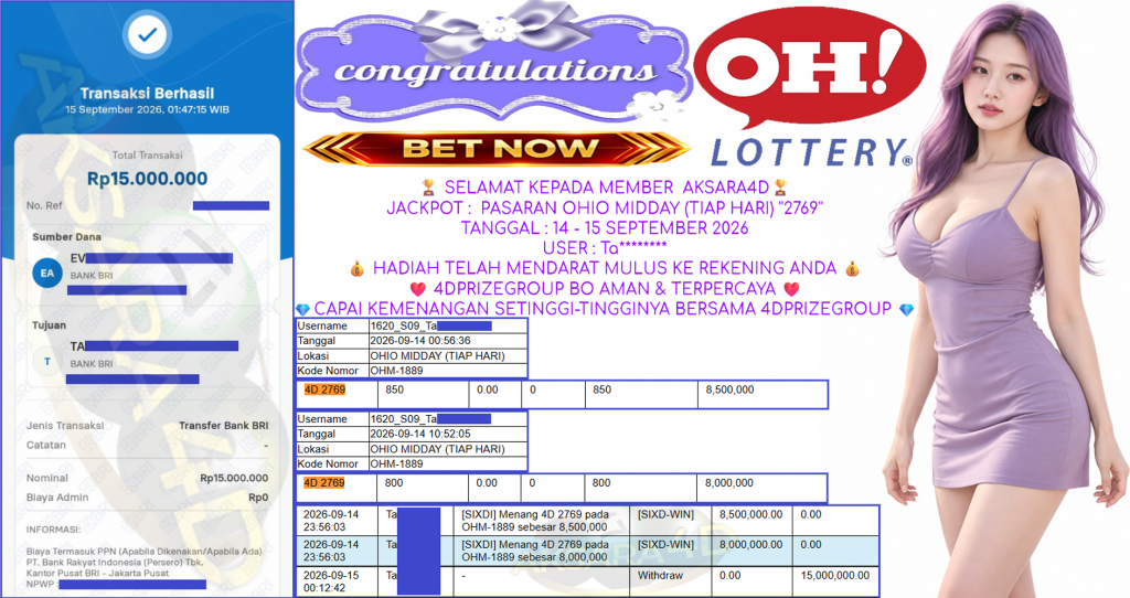 AKSARA4D JACKPOT PASARAN ” OHIO MIDDAY (TIAP HARI) ”2769” ” Rp 10,500,000,- LUNAS