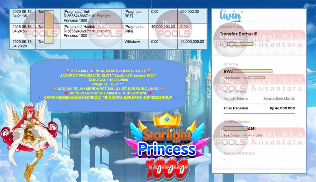 INDO-POOLS JACKPOT PRAGMATIC SLOT “Starlight Princess 1000” Rp 46.000.000,- LUNAS