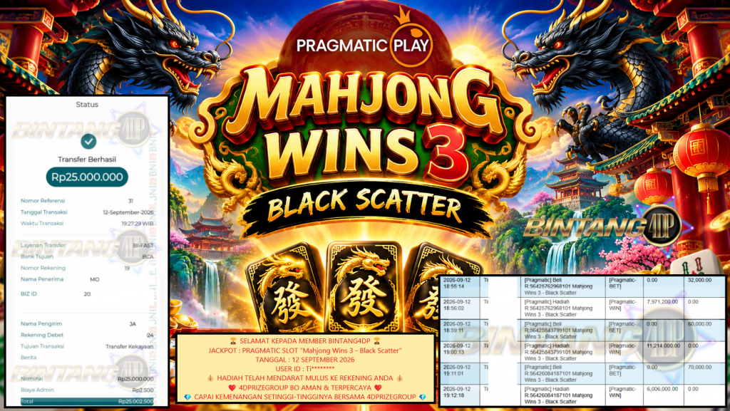 BINTANG4DP JACKPOT PRAGMATIC SLOT “Mahjong Wins 3 – Black Scatter” Rp25.000.000,- LUNAS
