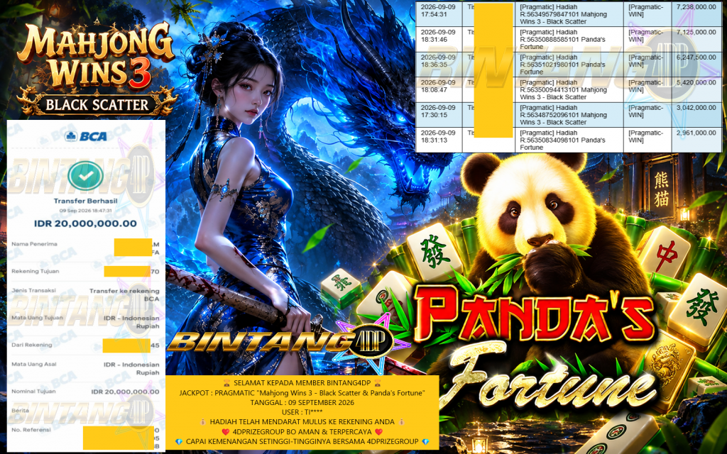 BINTANG4DP JACKPOT PRAGMATIC “Mahjong Wins 3 – Black Scatter & Panda’s Fortune” Rp 20.000.000,- LUNAS