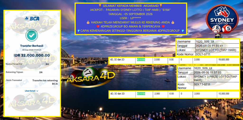 AKSARA4D JACKPOT PASARAN SYDNEY LOTTO ( TIAP HARI ) ”6184” Rp32.000.000,- LUNAS