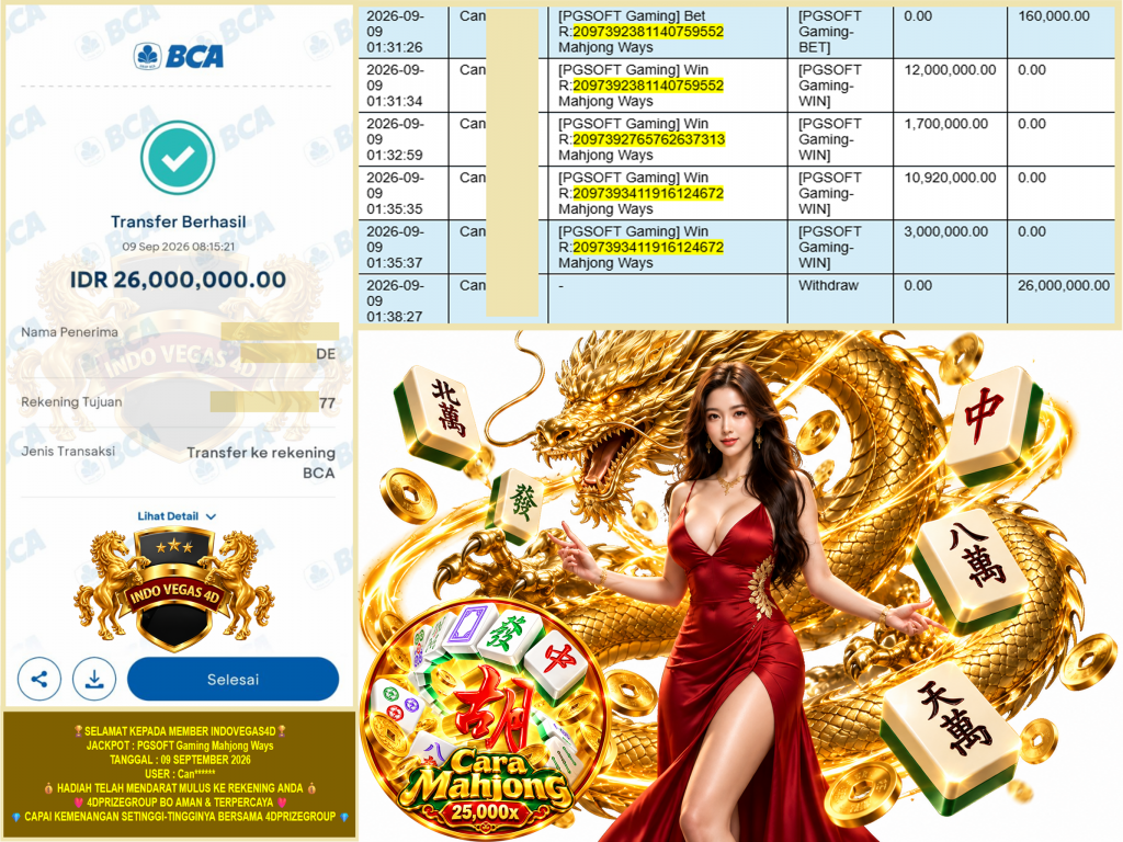 INDOVEGAS4D JACKPOT PGSOFT Gaming “Mahjong Ways”‎‎‏‏ ‎‎‏‏‎‎‏‏ Rp.26.000.000,-LUNAS