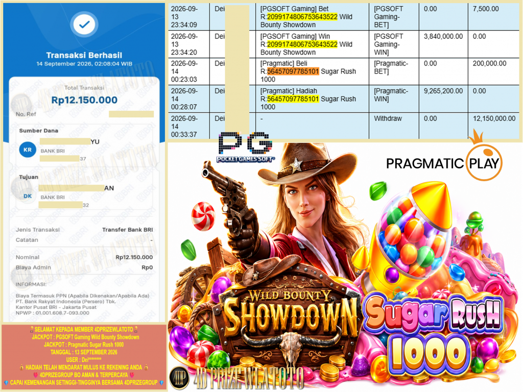 4DPRIZEWLATOTO JACKPOT PGSOFT Gaming Wild Bounty Showdown , Pragmatic Sugar Rush 1000 Rp.12.150.000,-LUNAS