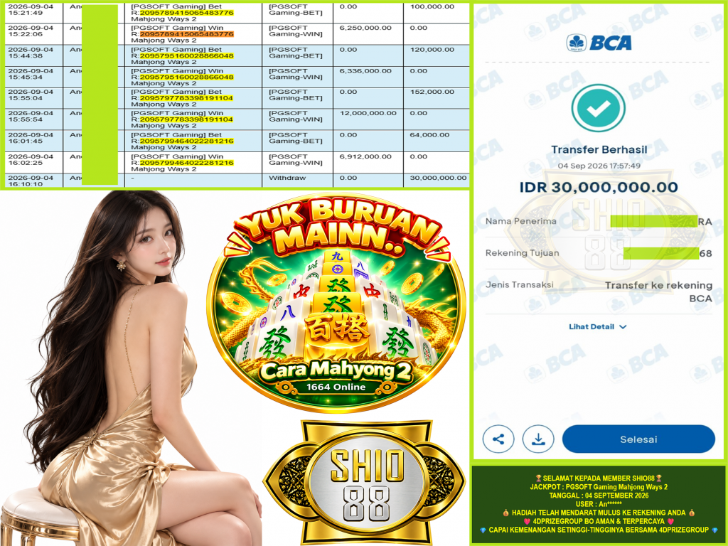 SHIO88 JACKPOT PGSOFT Gaming “Mahjong Ways 2″ Rp.30.000.000,-LUNAS