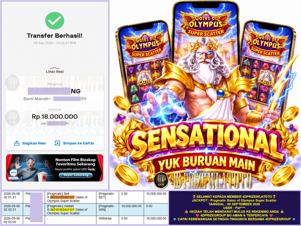 4DPRIZEWLATOTO JACKPOT PRAGMATIC “Gates of Olympus Super Scatter” Rp.18.000.000,-LUNAS