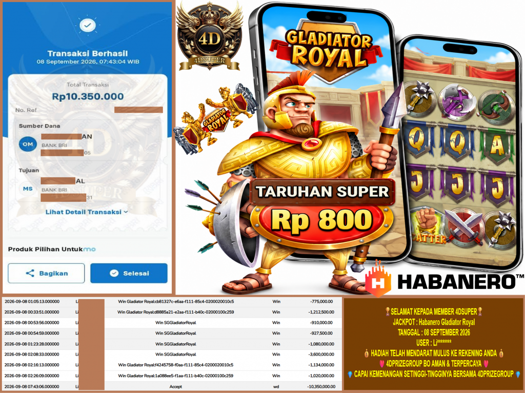 4DSUPER JACKPOT Habanero Gladiator Royal Rp 10.350.000,- LUNAS