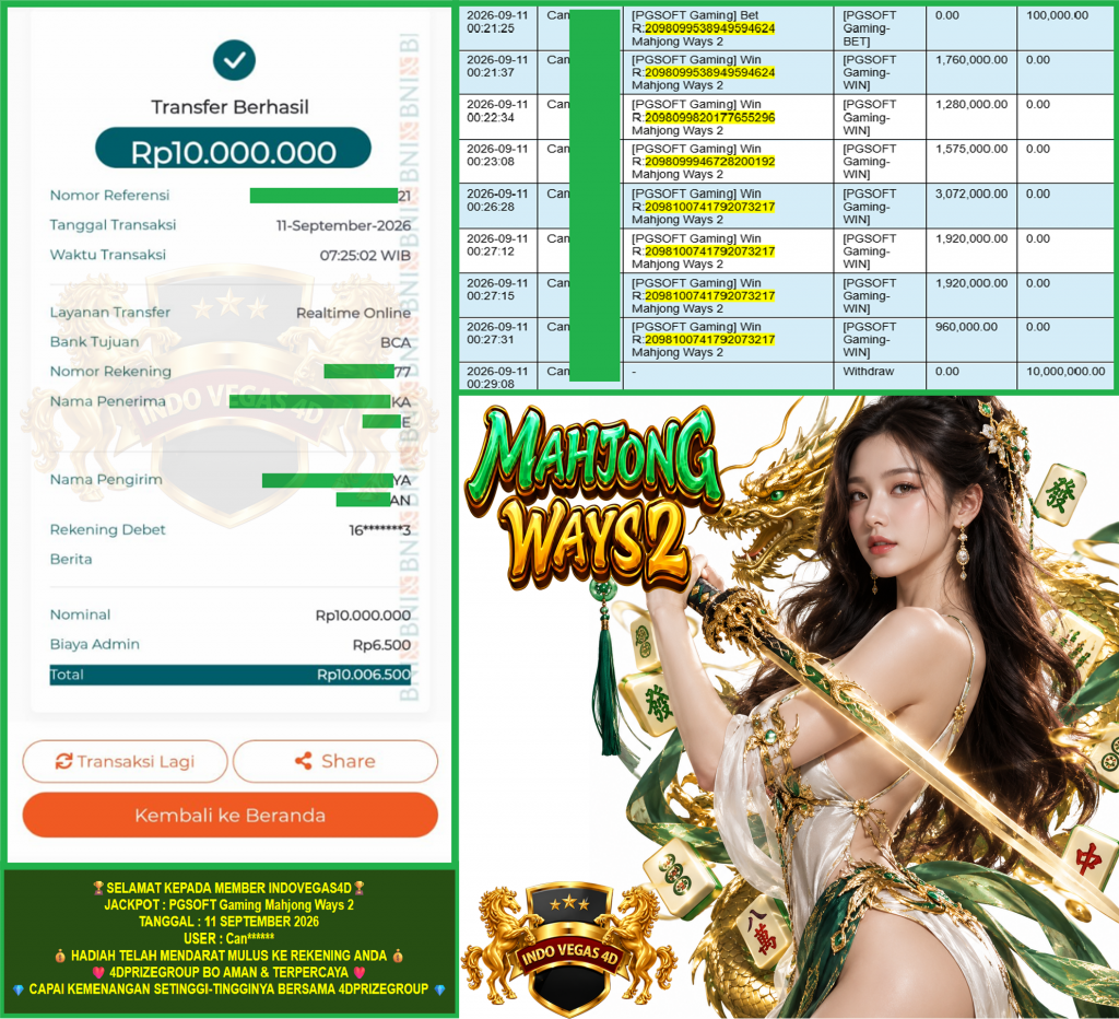 INDOVEGAS4D JACKPOT PGSOFT Gaming “Mahjong Ways 2″ Rp.10.000.000,-LUNAS