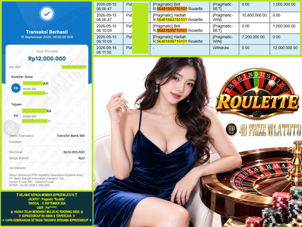 4DPRIZEWLATOTO JACKPOT PRAGMATIC “Roulette” Rp.12.000.000,-LUNAS